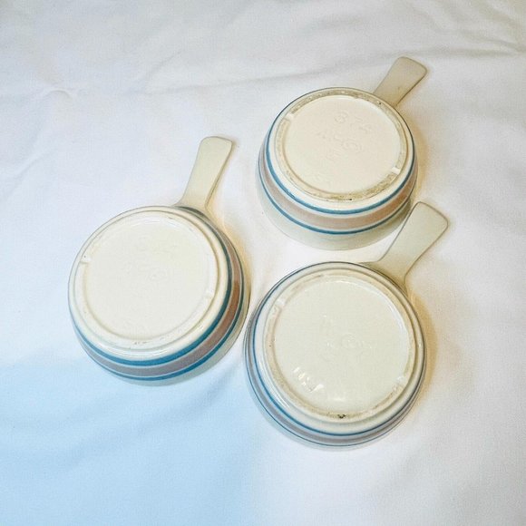 Vintage McCoy Pink & Blue Stripe French Onion Soup Bowl 1970s set of 3 Cottage - Picture 2 of 5